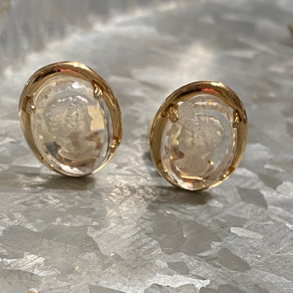 Gold Frame Clear Cameo Stud Earrings